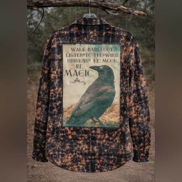 Angry Minnow Tops - Angry Minnow Bleach Splatter Flannel Shirt Raven Graphic Boho Grunge Witchy XXL